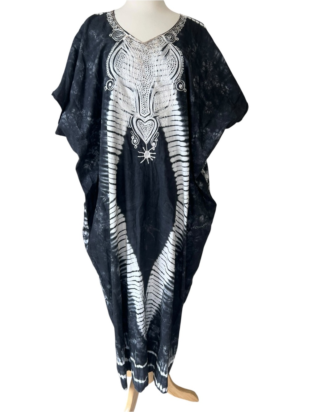 Vintage Black & White Tie Dye Embroidered Cotton Kaftan